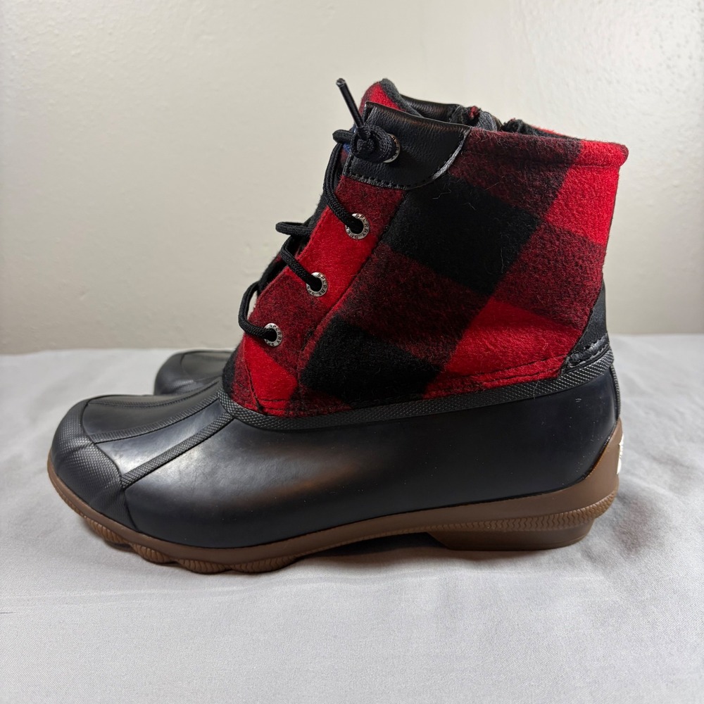 Sperry Saltwater Buffalo Plaid Duck Boots Red Black Wool Waterproof STS85076 8M - Picture 4 of 7